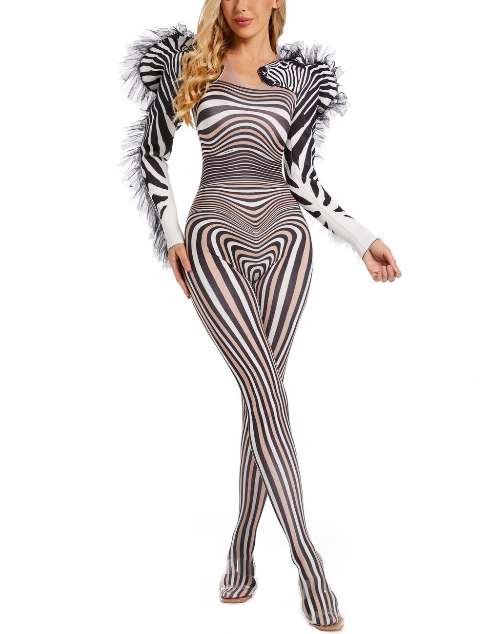 1701 Zebra Pattern Jumpsuit Tight Dance Drag Queen Costume Stretch Stage